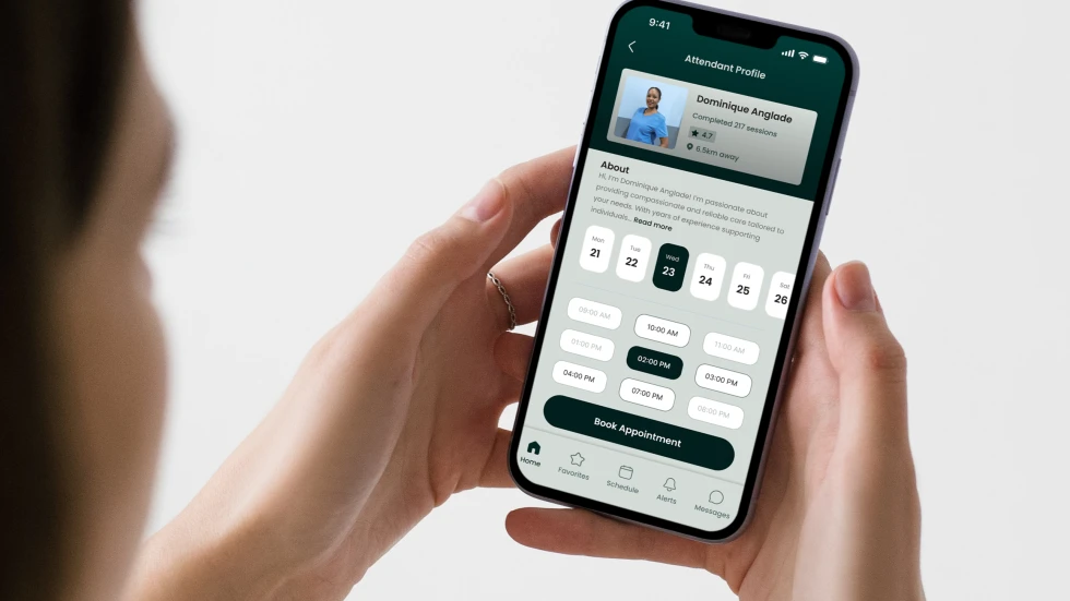A mockup of an iPhone in hand, with the whimble app opened