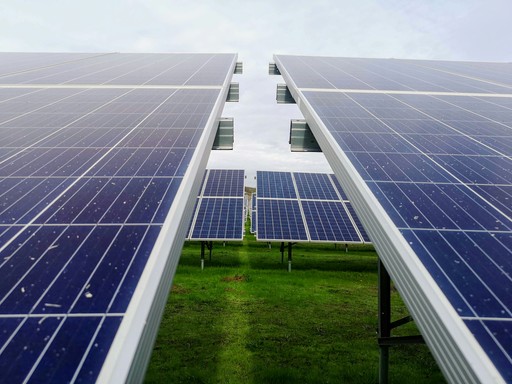 A close-up view of solar panels arranged in rows, with green grass visible between them under a cloudy sky.