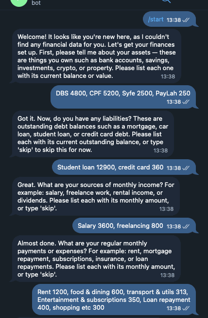 Finance AI agent onboarding session — user inputs unstructured account data and the agent parses it into structured records with net worth calculation