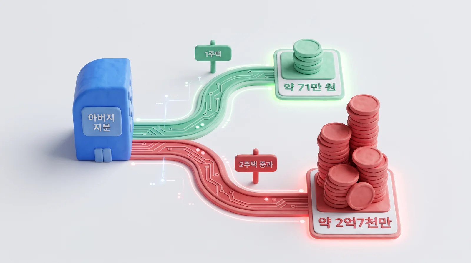 같은 아버지 지분 차익이 1주택이면 약 71만 원, 2주택 중과면 약 2억 7천만 원으로 갈리는 비교