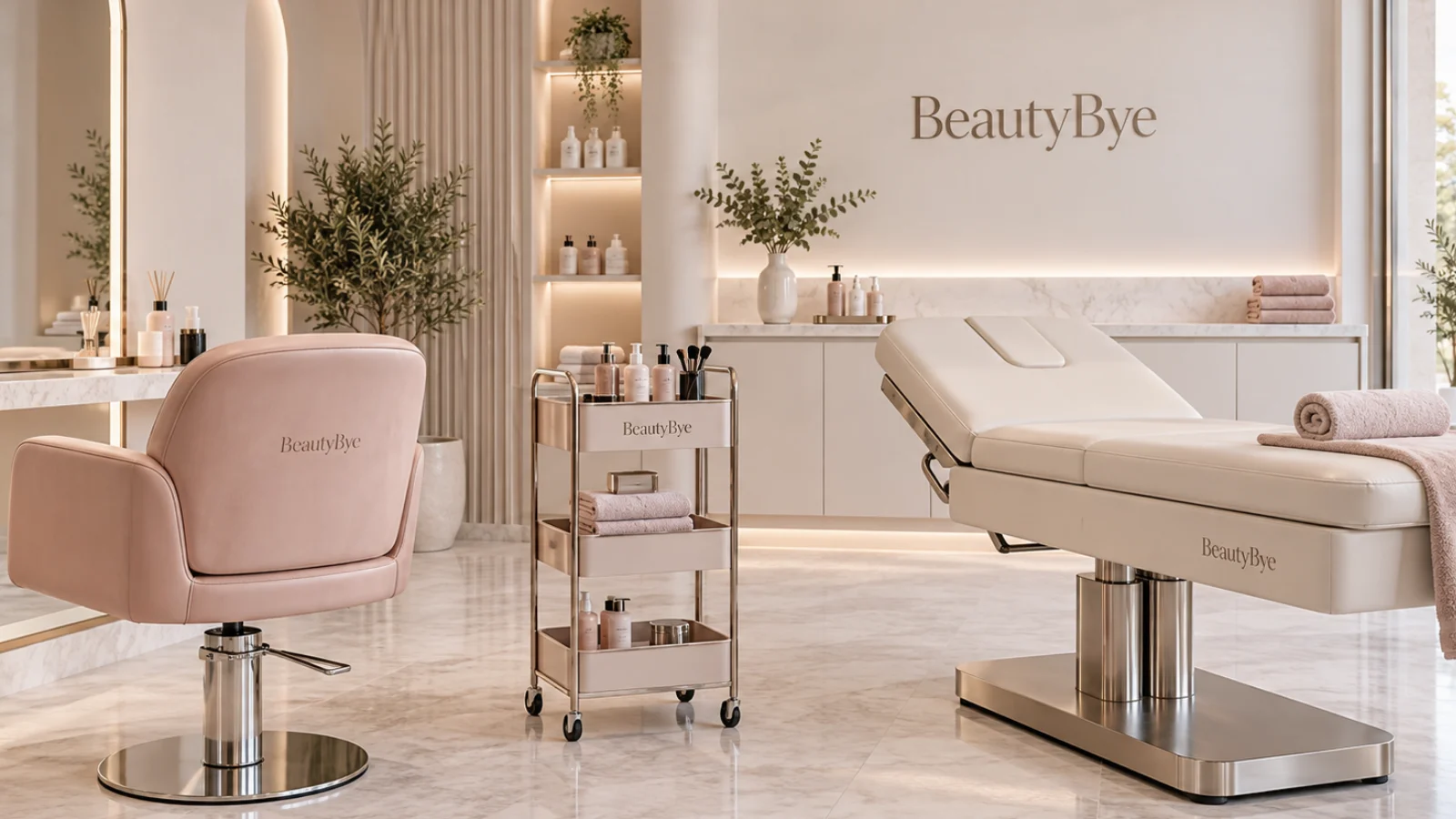 BeautyBye treatment couch and salon trolley in a bright professional studio