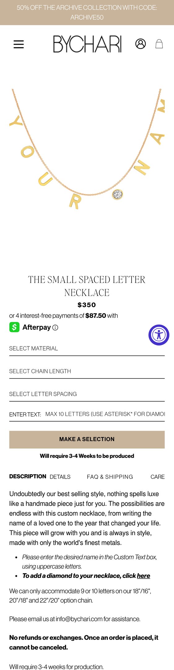 Jewelry product options include: necklace for THE SMALL SPACED LETTER NECKLACE from BYCHARI.