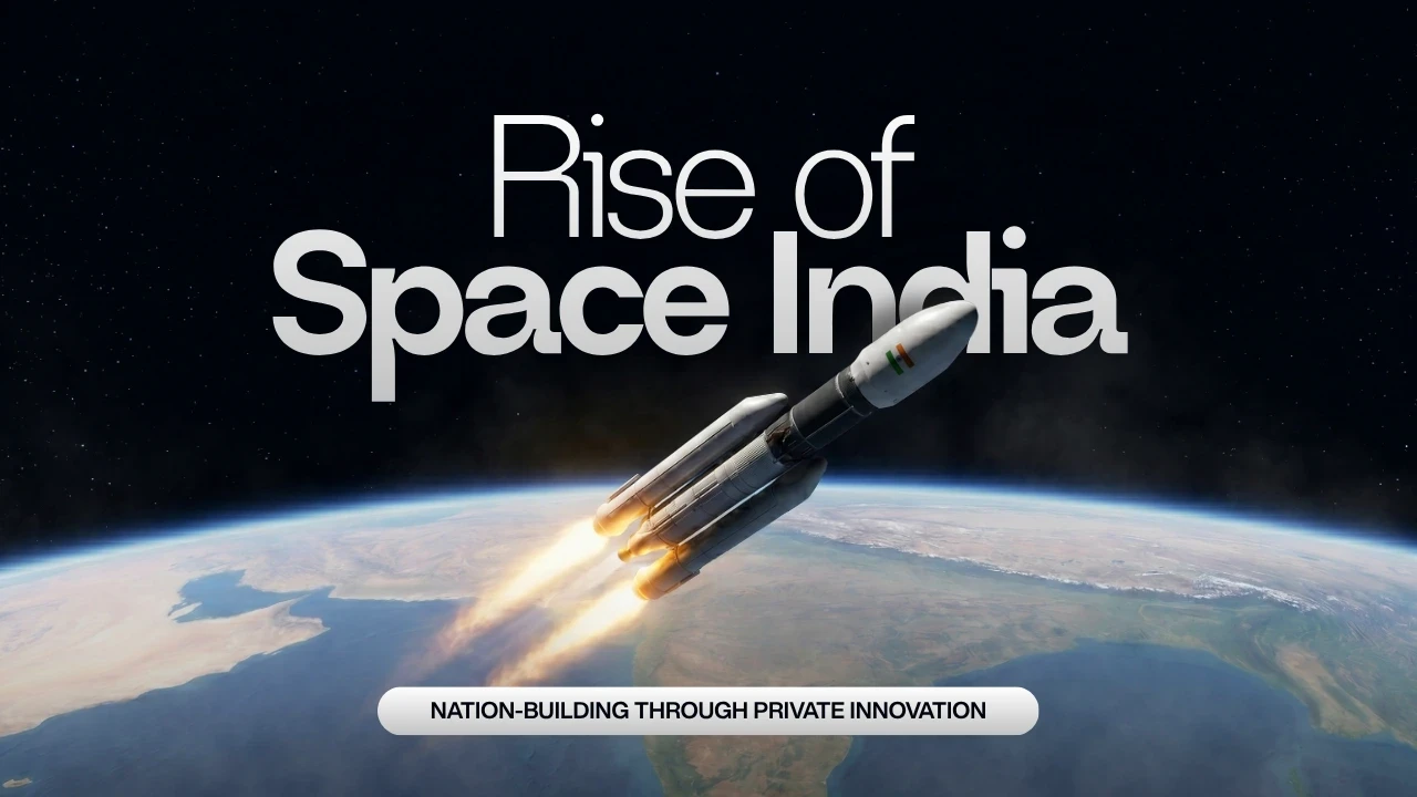 Picture of a rocket in space flying over the earth with the title "Rise of Space India" in the background.
