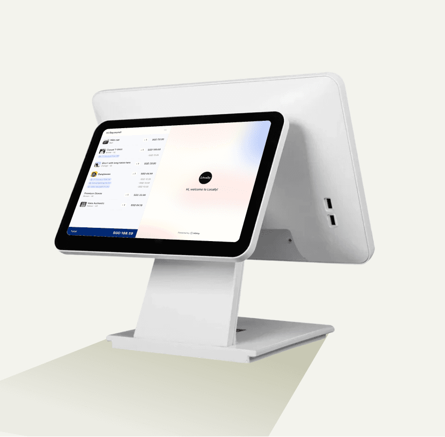 A white point-of-sale system features a digital display with a light interface & the "Locally" logo on a