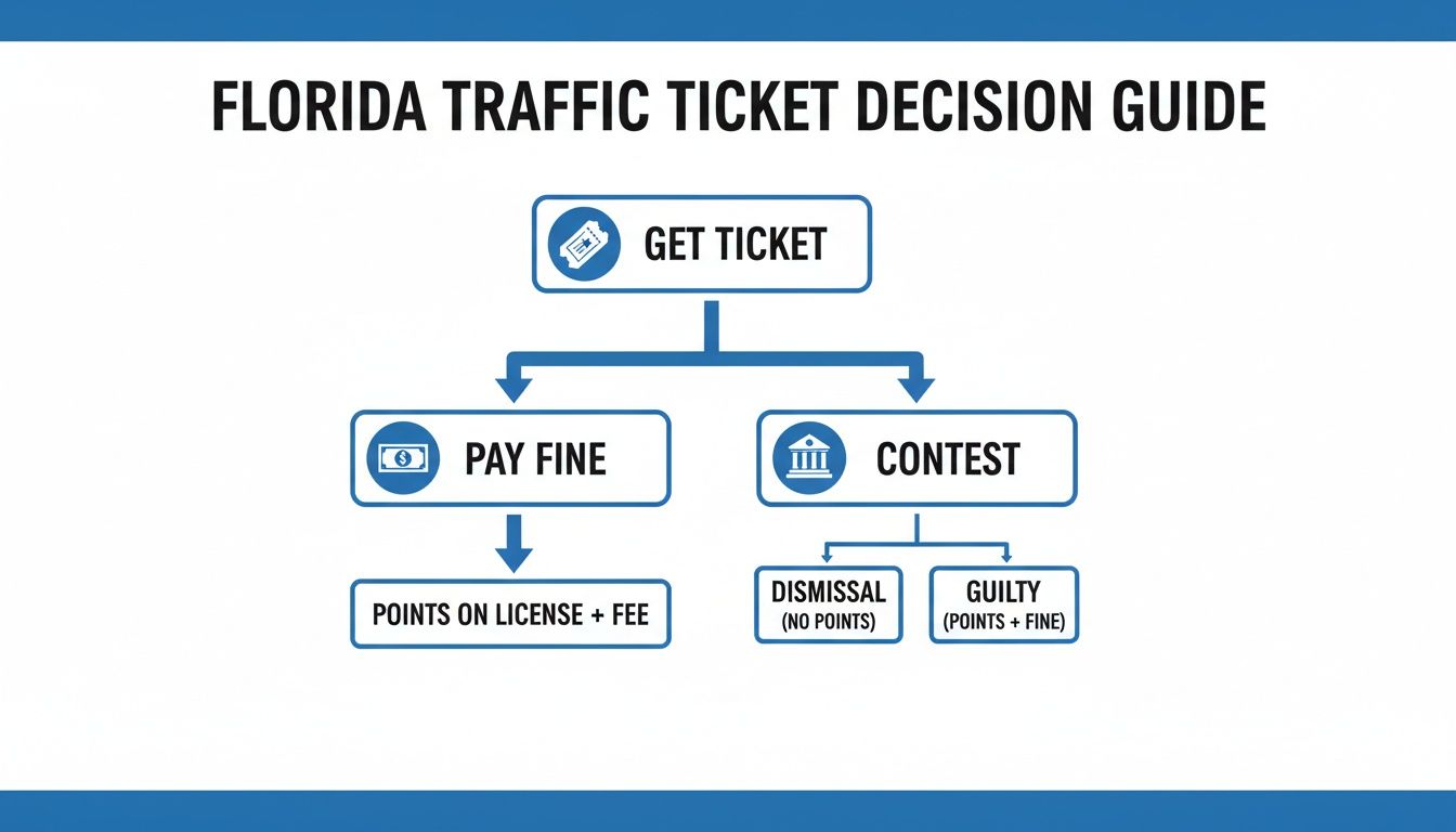 Flowchart outlining the Florida traffic ticket decision guide, showing options to pay fine or contest.