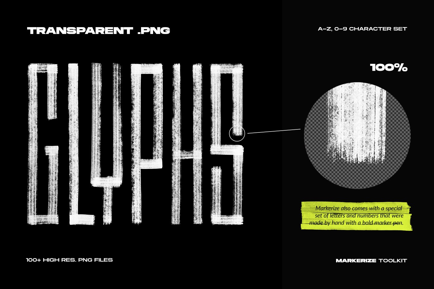 Markerize hand drawn marker glyphs and alphabet PNG files with high resolution textured pen strokes