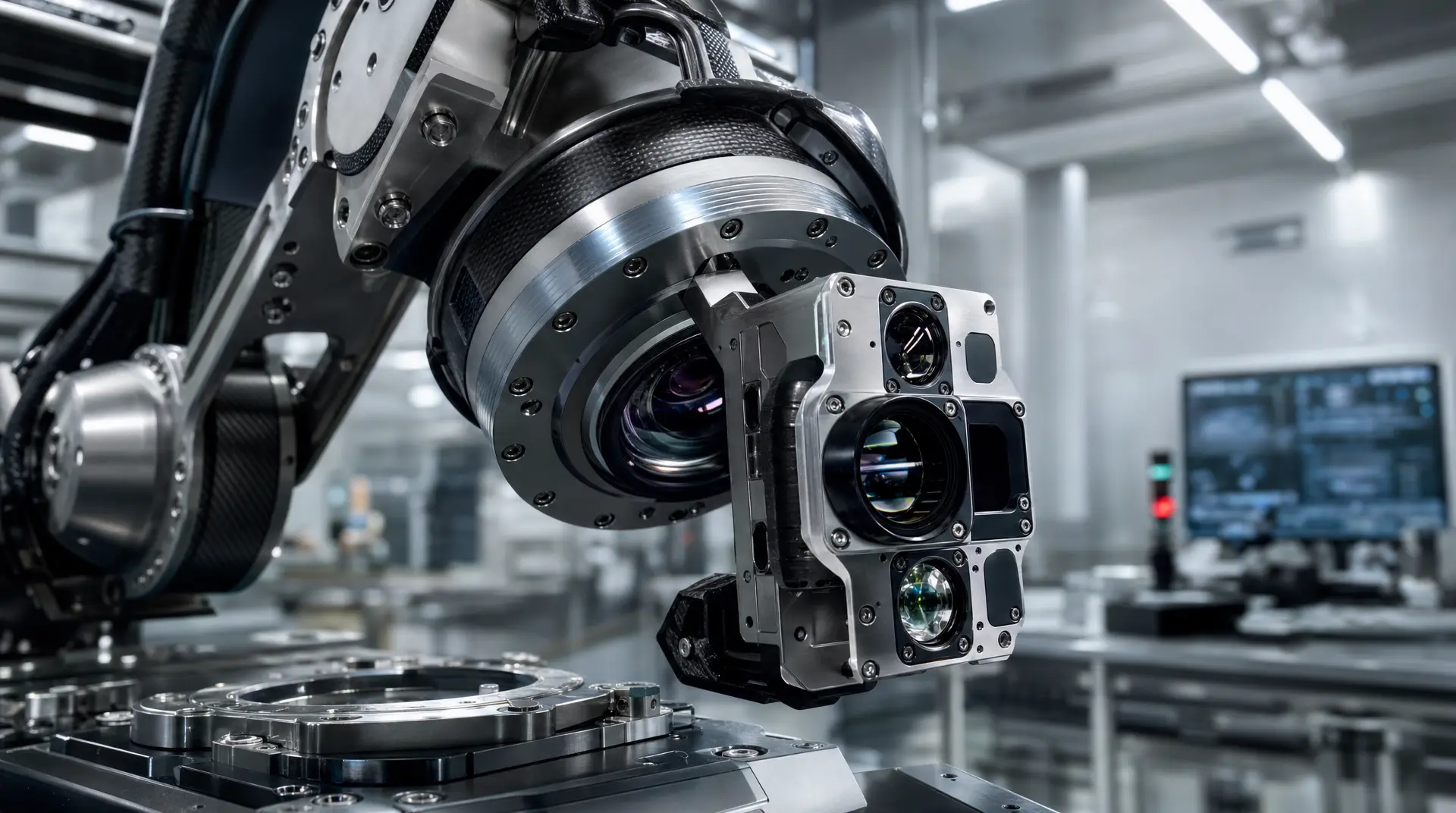 A robotic vision module with exposed lenses and metallic housing is mounted on a precision fixture inside a cleanroom, supporting semiconductor marketing workflows.