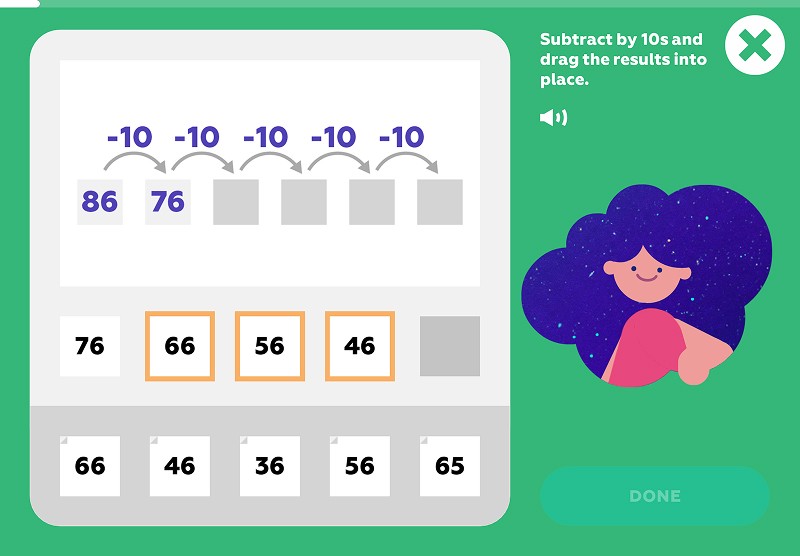 Number line: fill in the gaps using subtraction by 10s