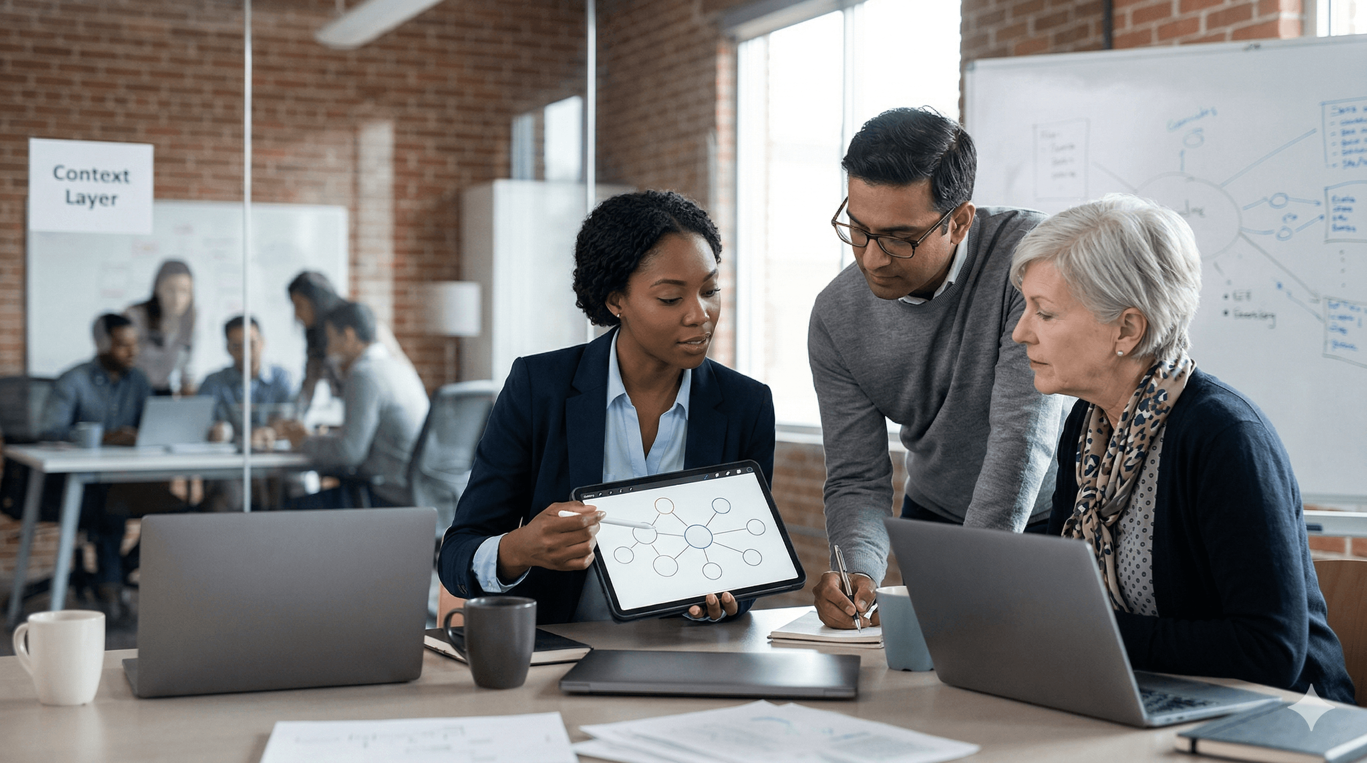 In a modern conference room, three professionals engage in a discussion around a table with laptops, focusing on a tablet displaying a diagram related to AI, emphasizing "Knowledge Graphs vs Vectors: Choose the Right AI Base," while coworkers collaborate in the background.