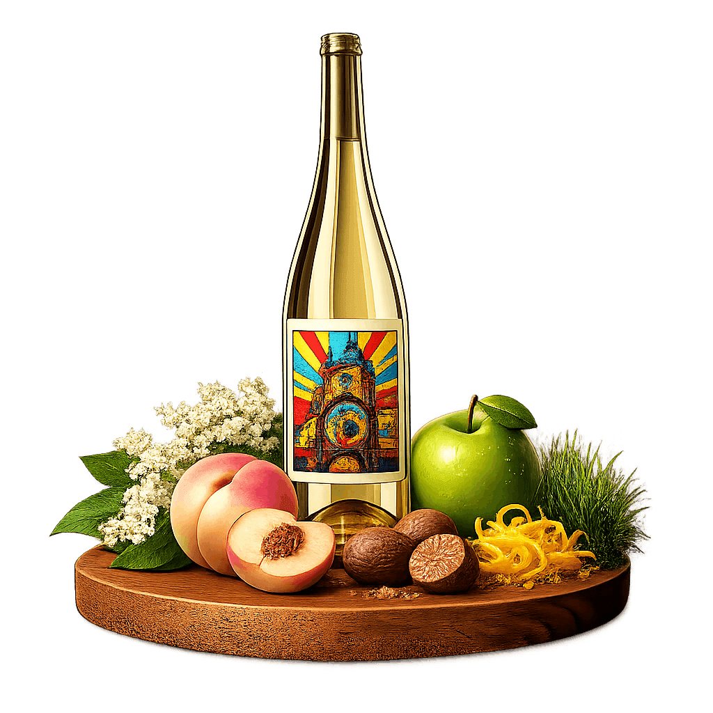 Artistic label and flavor profile for Czech Müller-Thurgau on a rustic wooden table.