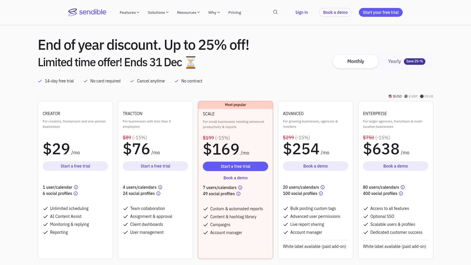 Sendible's pricing plans, designed for agency use