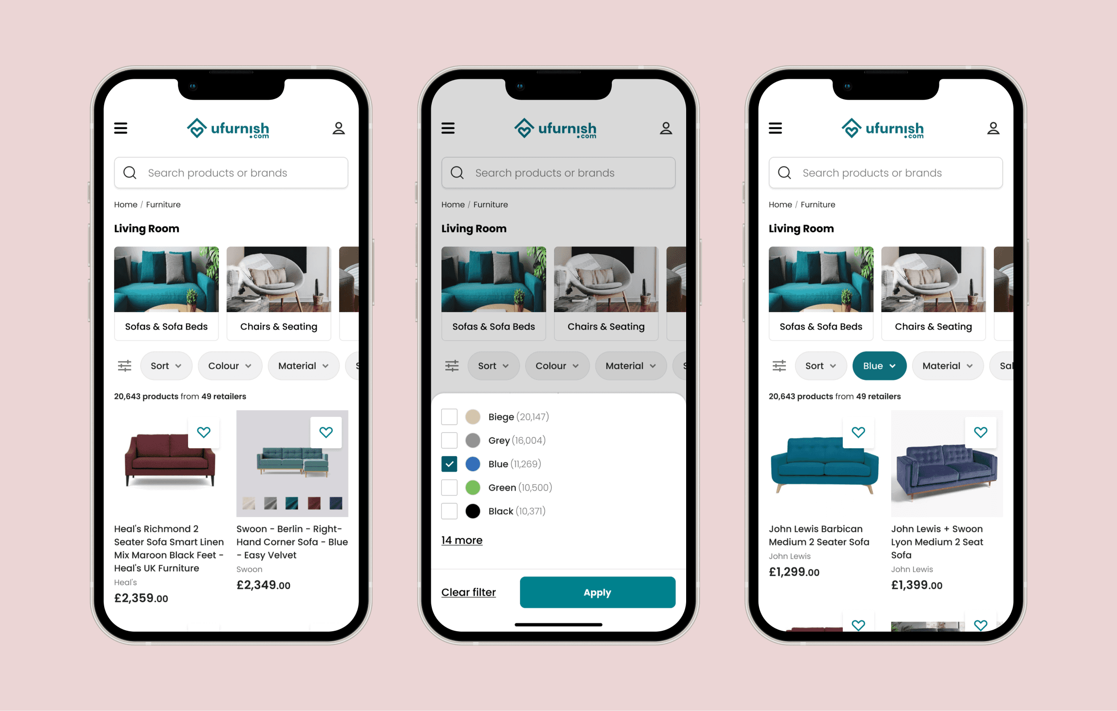 Screenshots of search filters on mobile