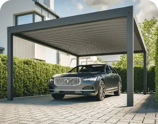 Hochwertiges geradliniges Kubus Carport montiert in Hamburg Sasel. Auch als Terrassenüberdachung mit Glas verwendbar.