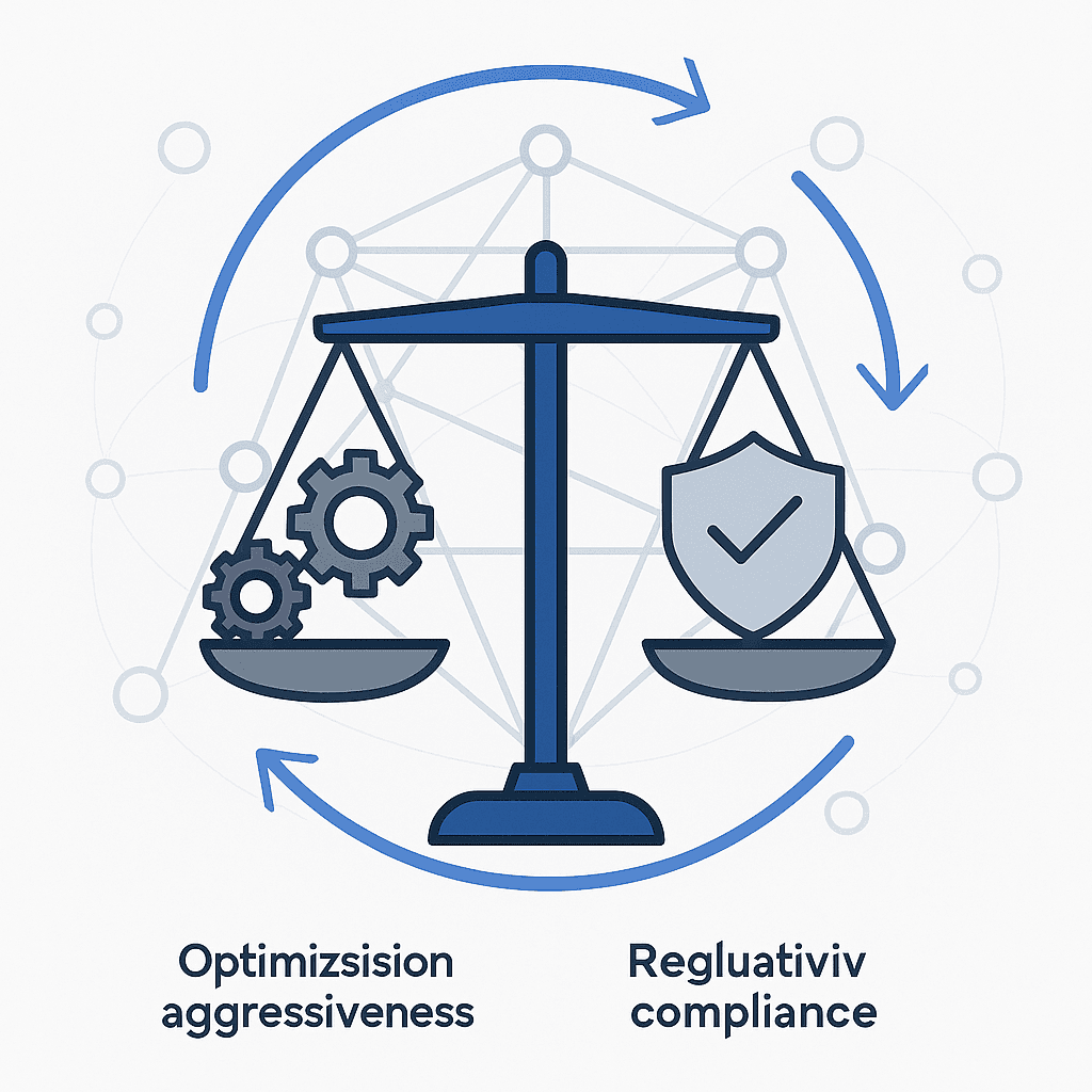 Diagram symbolizing balanced AEO governance between optimization gears and compliance shield