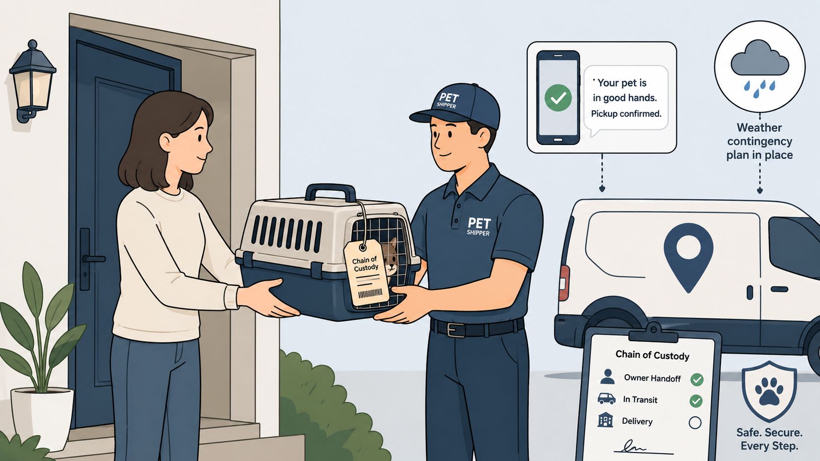A pet courier picking up a cat in a transport crate from an owner for door to door transport.