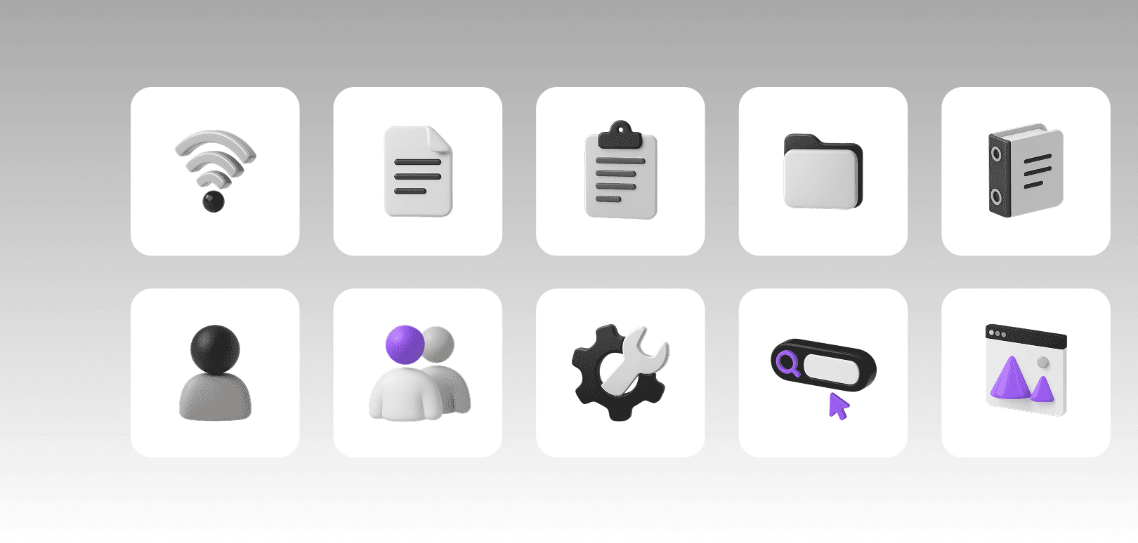 Set of 3D icons representing network, documents, users, and tools