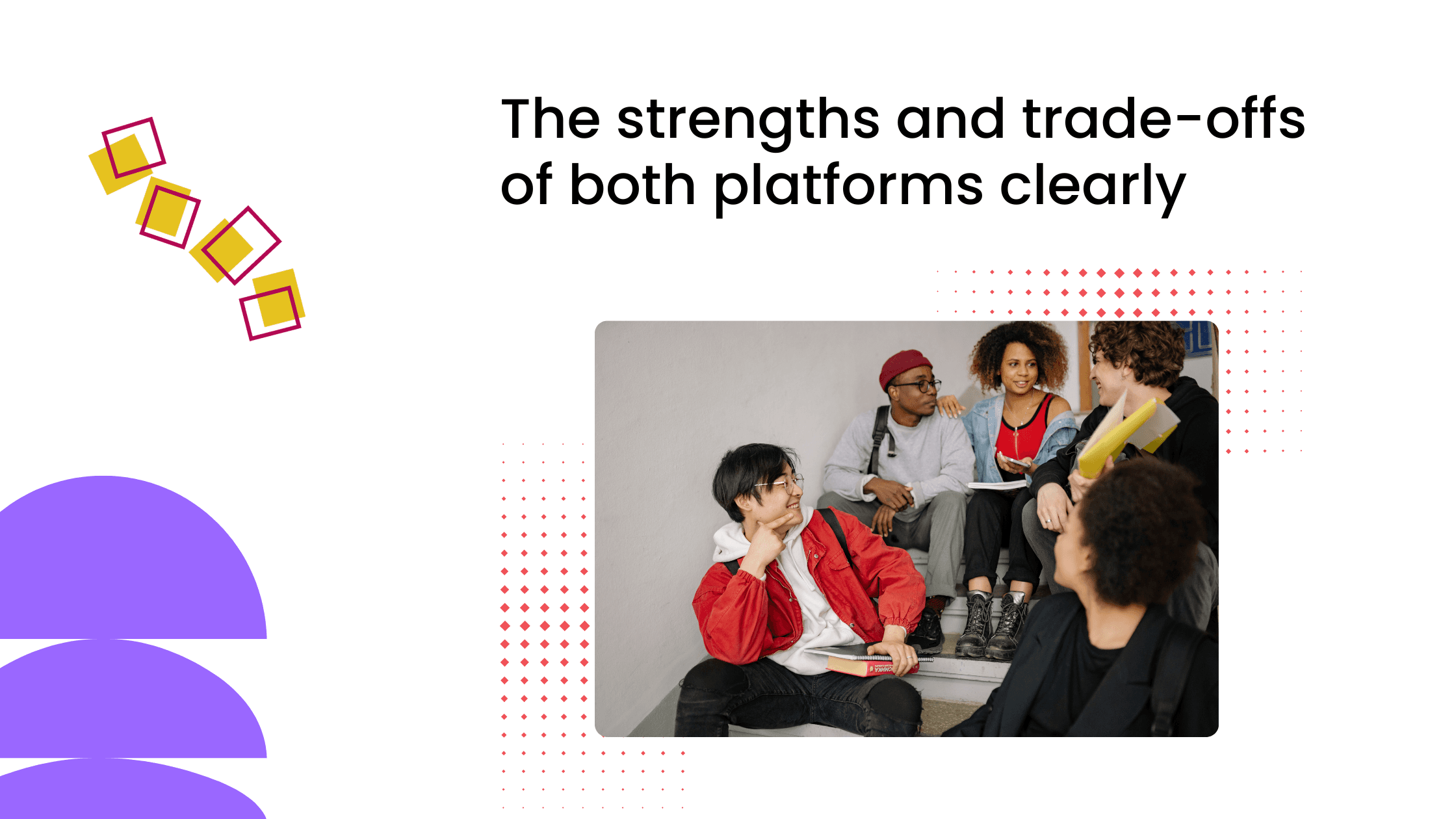 Group discussion scene in a creative explaining the strengths and trade-offs of coaching community platforms.