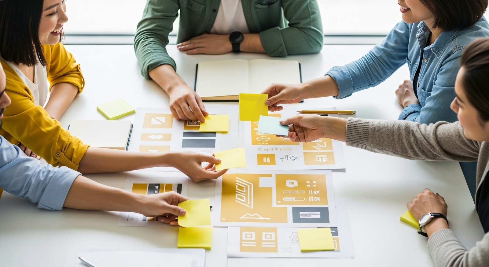 Team arranging sticky notes on a strategy board