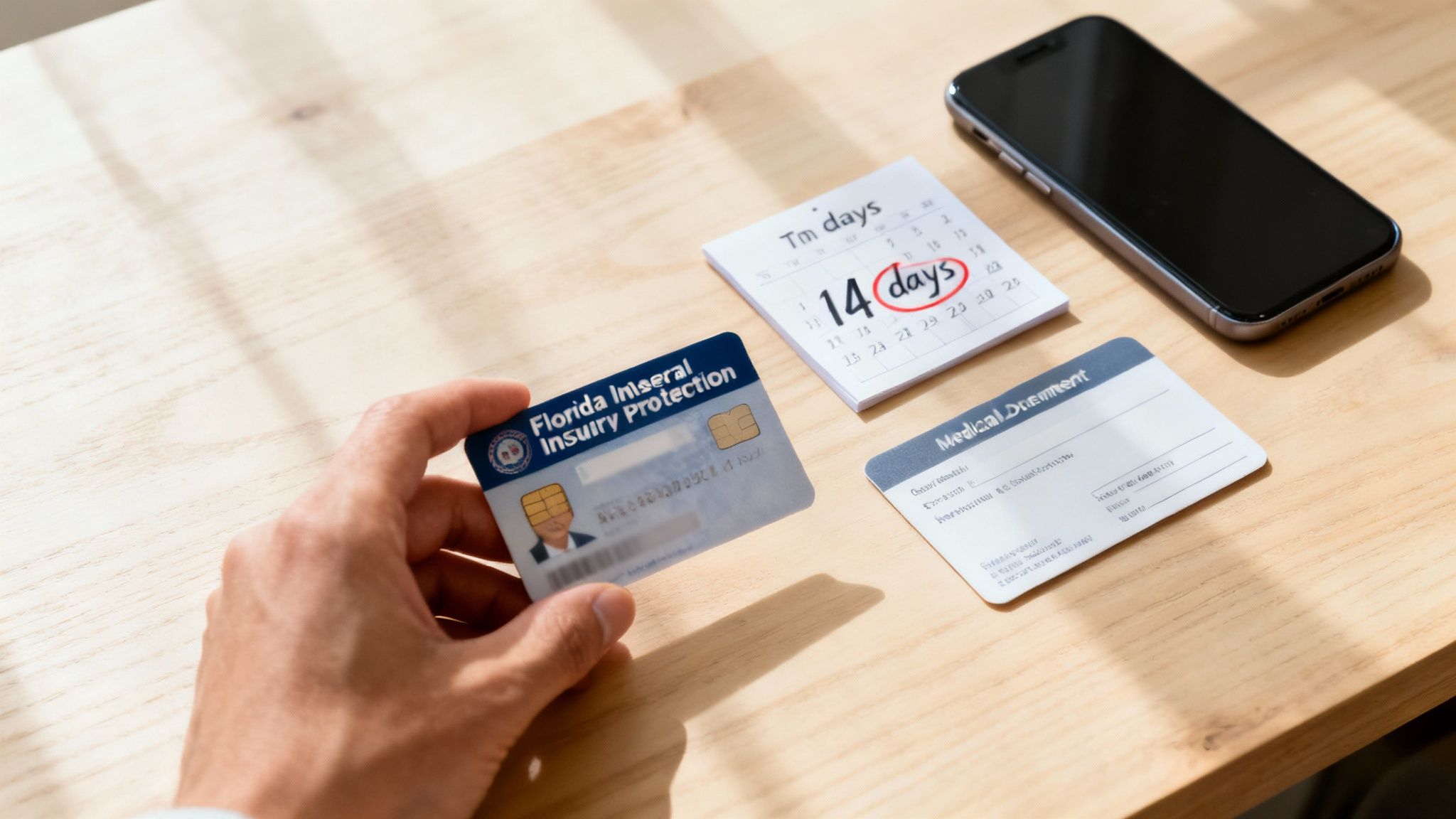A person reviewing an insurance policy document with a calculator.