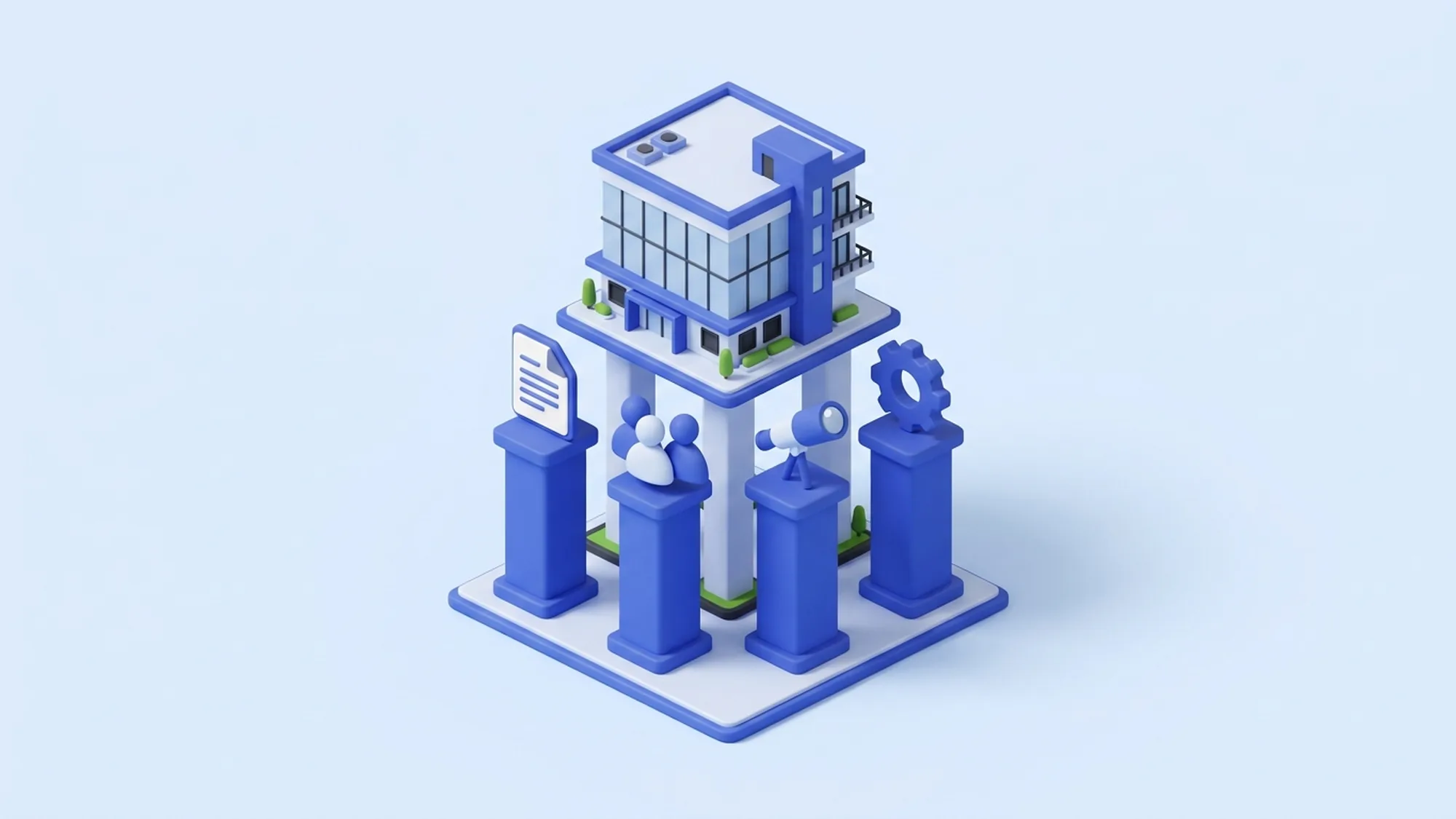 Illustration 3D des quatre caractéristiques d'une entreprise qui externalise avec succès