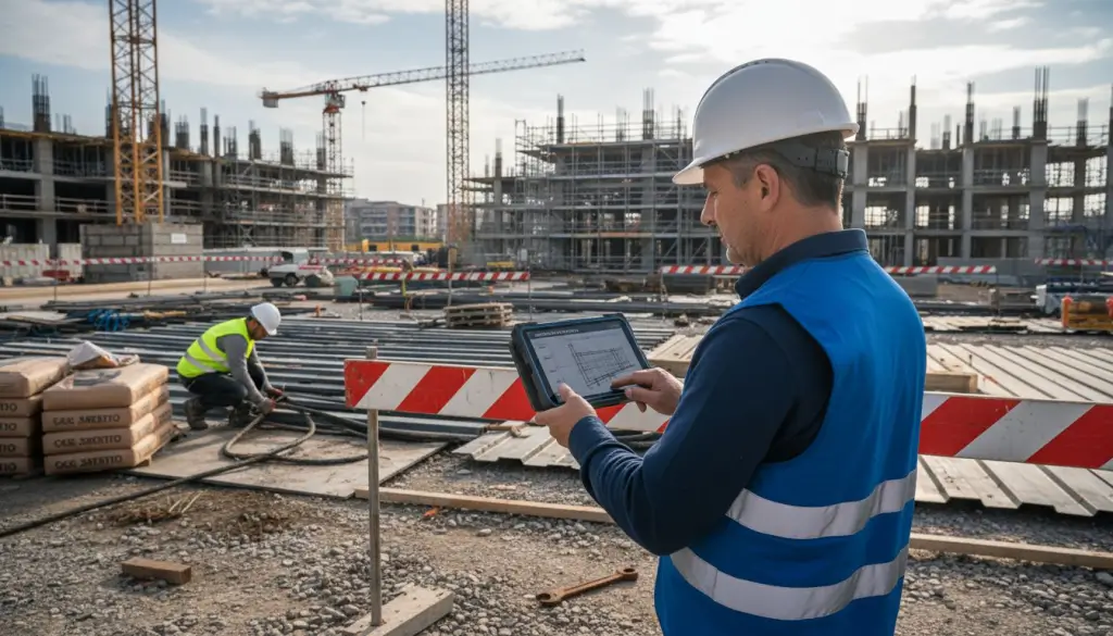 Il responsabile di cantiere gestisce le attività direttamente dal tablet in un cantiere all’avanguardia.