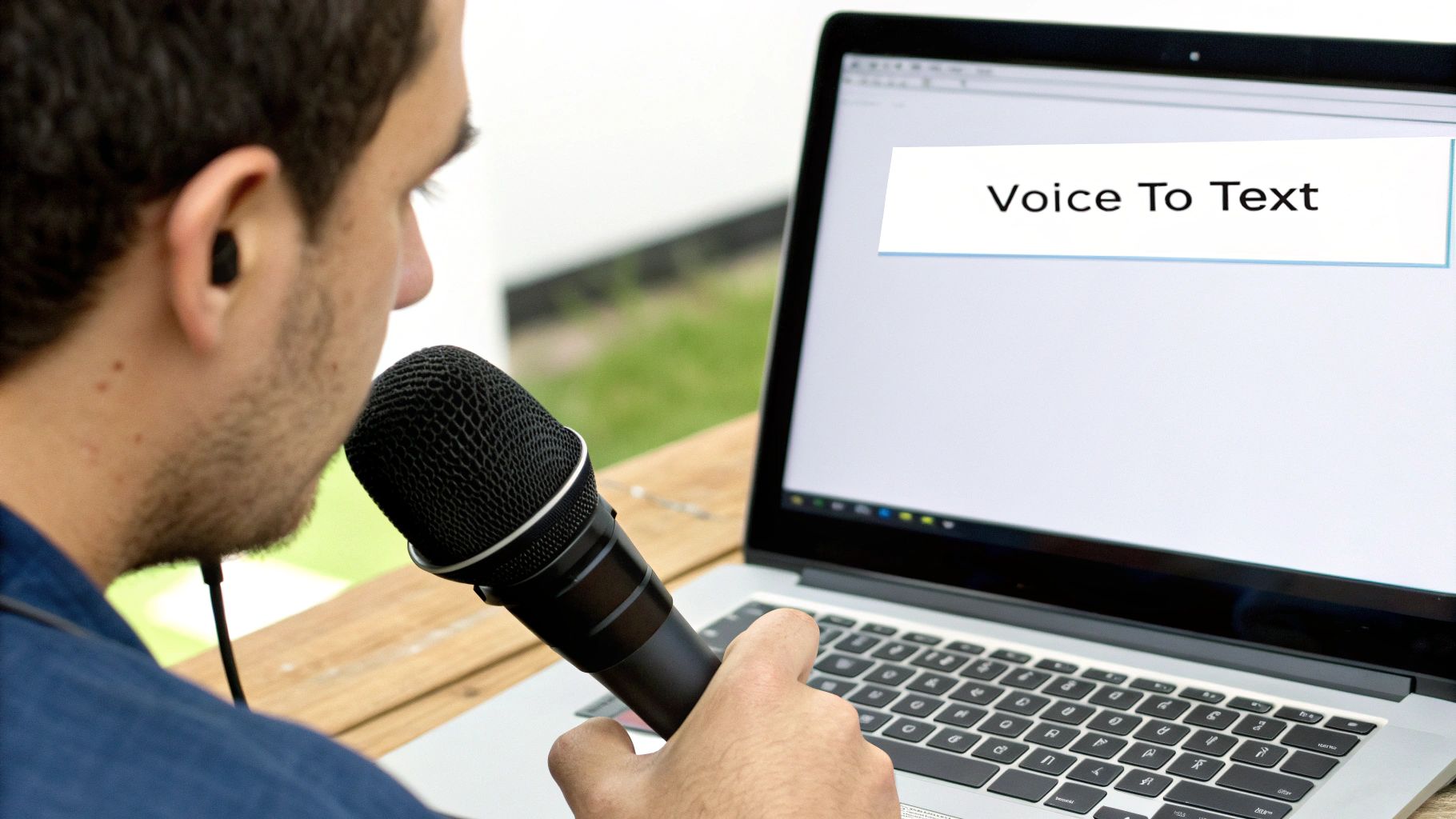 A man speaking into a microphone with an earbud, using voice-to-text software on a laptop.