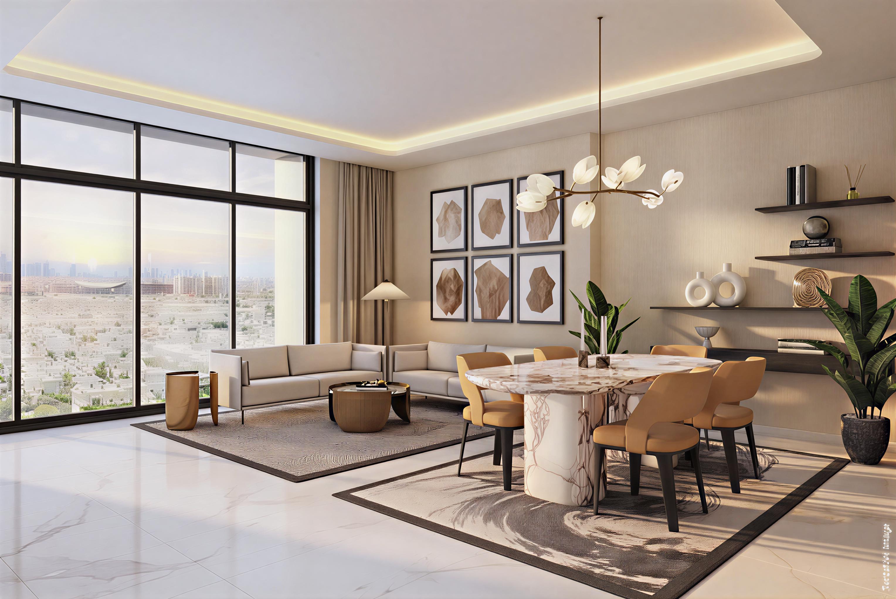  A contemporary bedroom with a spacious window showcasing a vibrant cityscape, reflecting the Azizi Lina design.