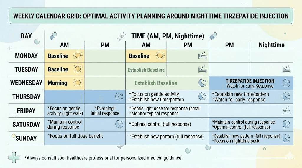 Weekly planning guide for nighttime tirzepatide injection schedule