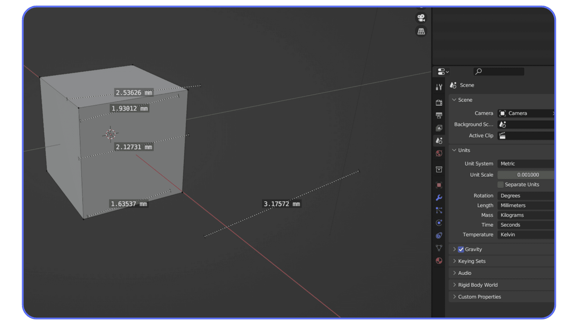 A simple cube in Blender with on-screen measurement labels in millimeters and the unit settings panel open on the right.