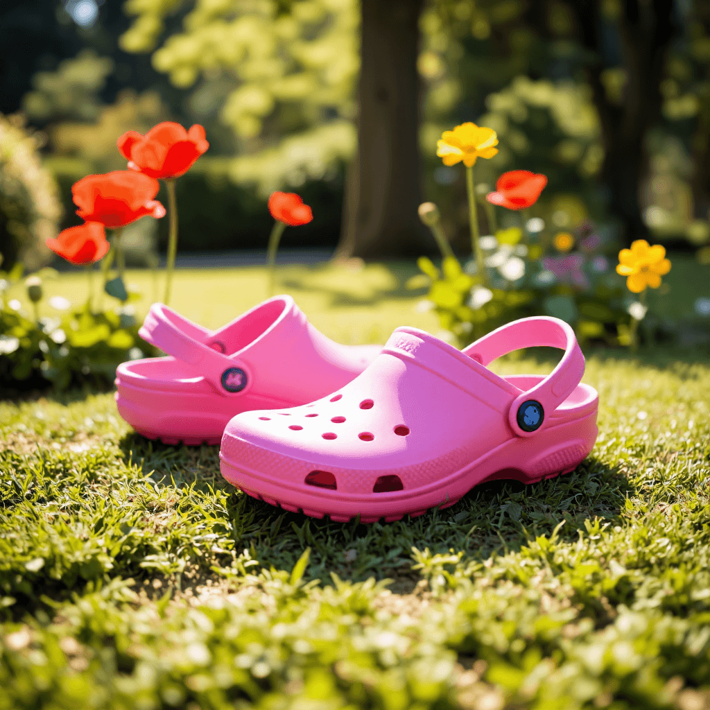 product photography of a pair of pink children's clogs with decorative buttons