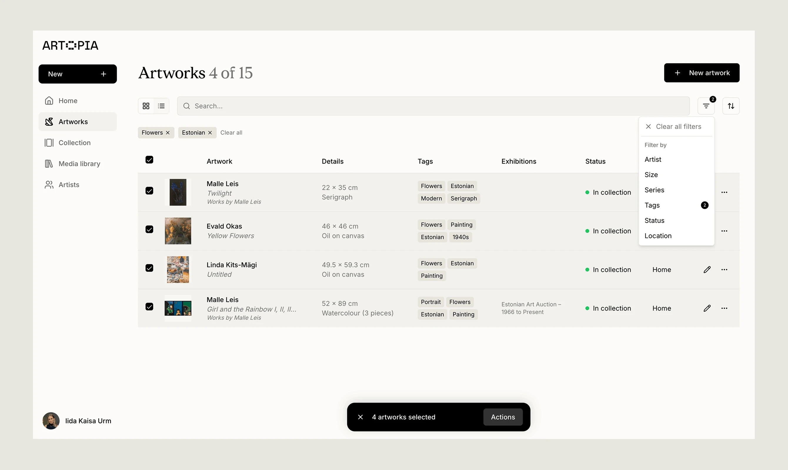 Interface of artwork inventory management with artworks selected