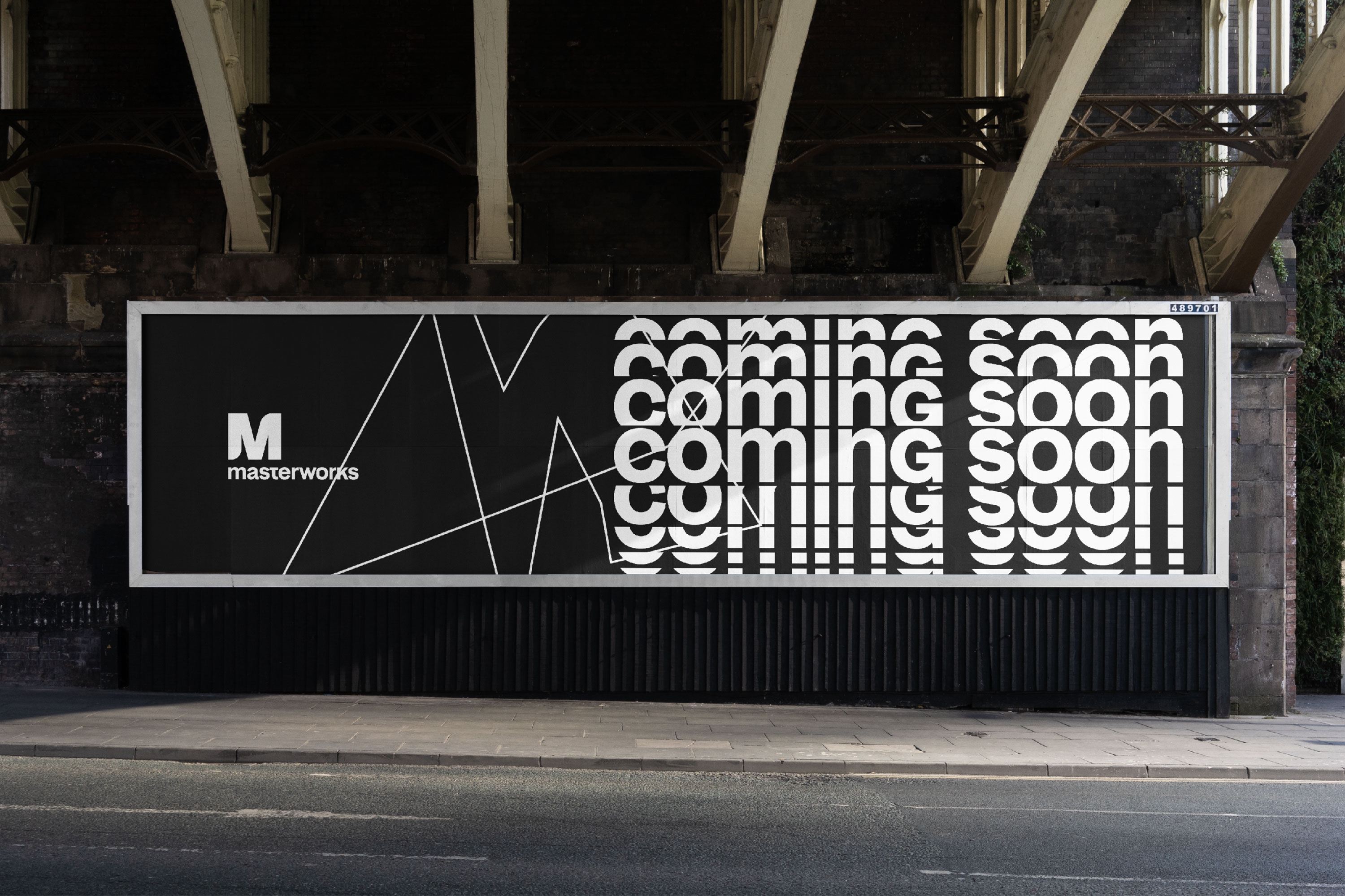 A billboard mockup for Sony Music Masterworks featuring geometric patterns and lines on a prominent wall under an archway.