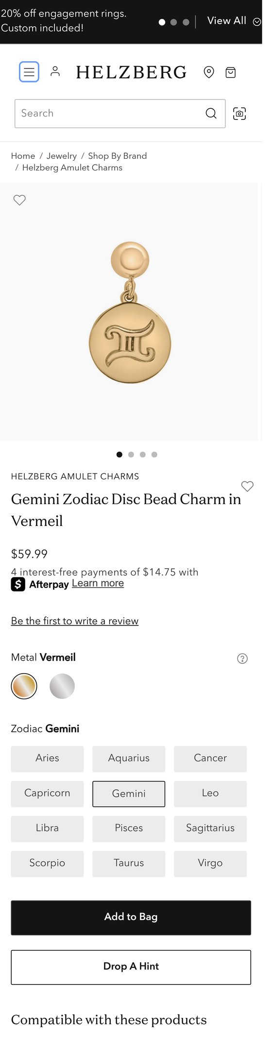 Jewelry product options include: pendant for Helzberg Amulet Charms Zodiac Disc Bead Charm from Helzberg Diamonds.
