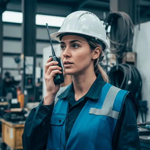 Female technician in protective gear communicating through a two-way radio inside an industrial workshop.