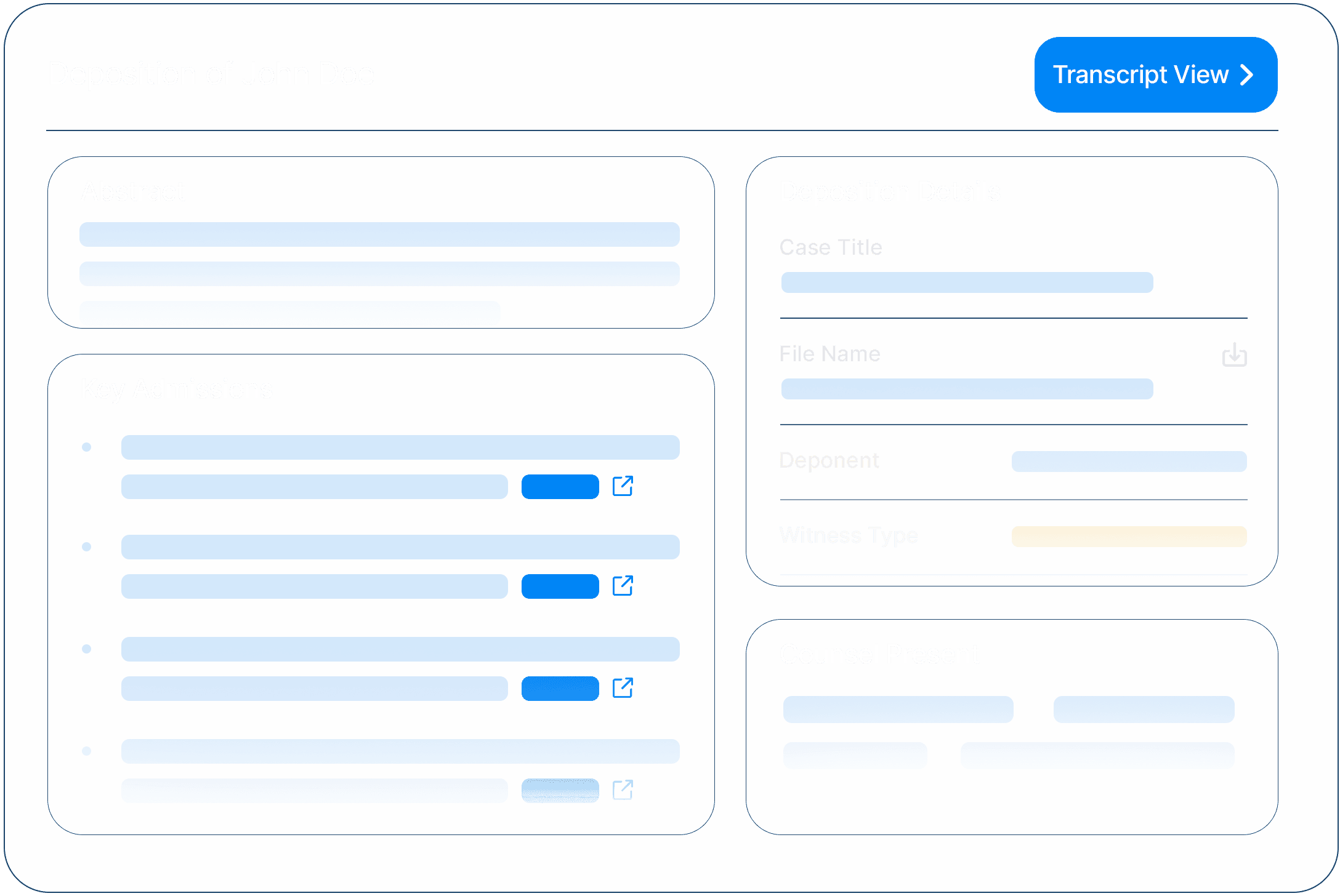 AI deposition summary showing page-line citations, key admissions, and verified transcript excerpts for fast legal review