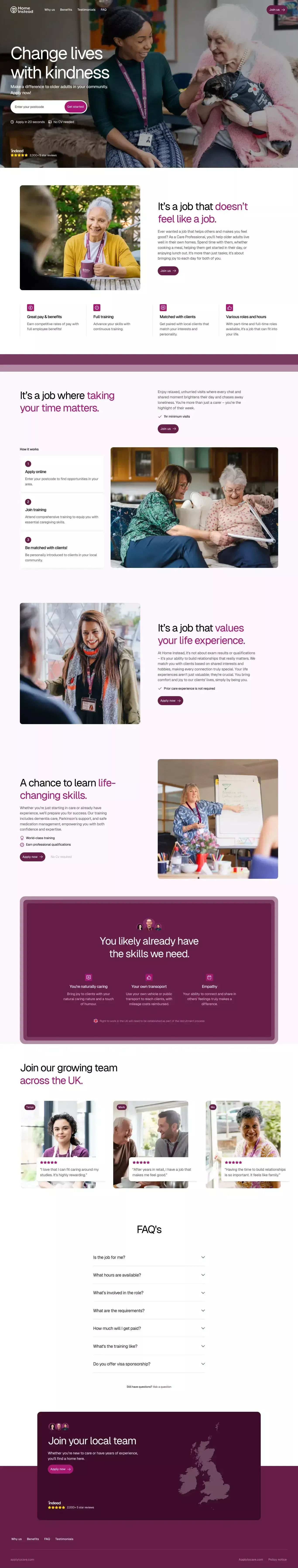 Home Instead Jobs - Apply Today landing page screenshot showcasing Medical and HR design