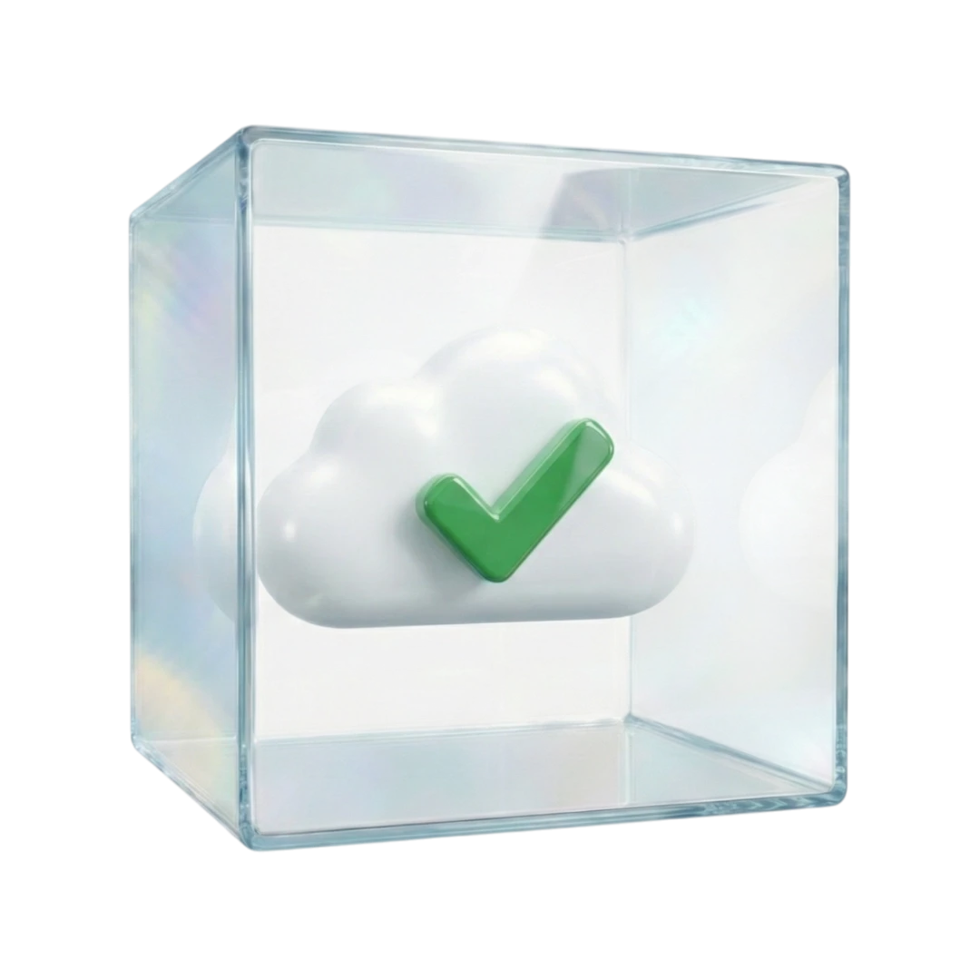 3D-Illustration einer weißen Cloud mit einem grünen Häkchen in einem transparenten Glaswürfel, die symbolisch für die Sicherheit der cloudbasierten PIM-Plattform und deren transparentes Alles-inklusive-Preismodell ohne versteckte Kosten steht.