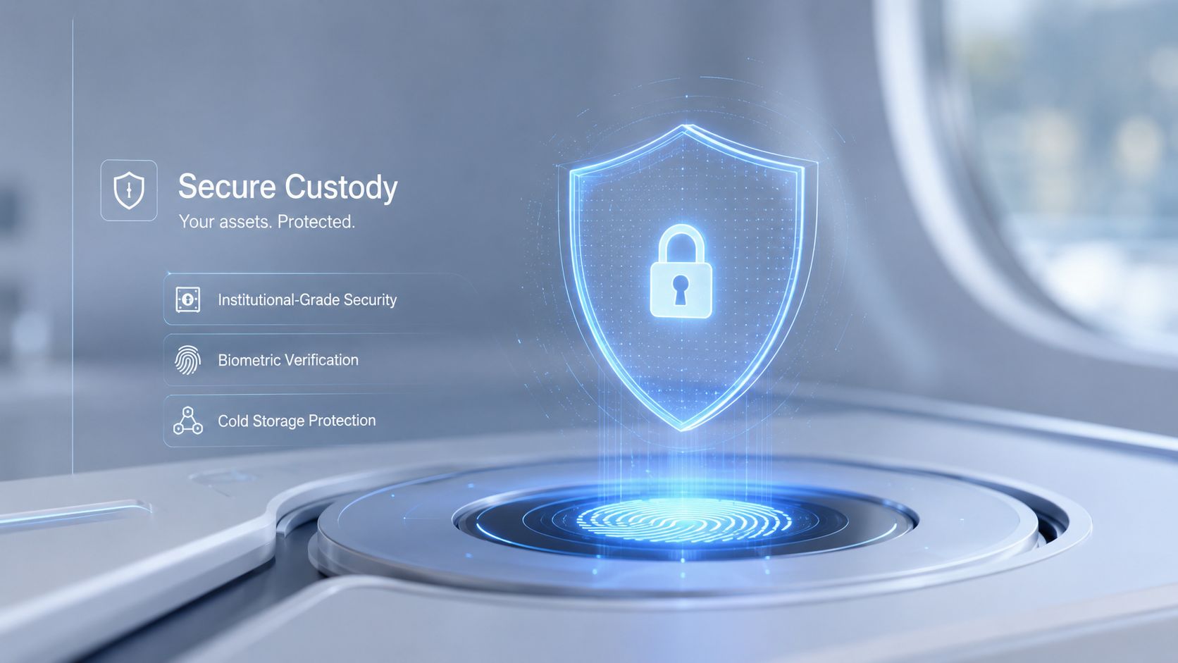A digital interface featuring a holographic shield and lock symbol with fingerprint technology for secure custody.