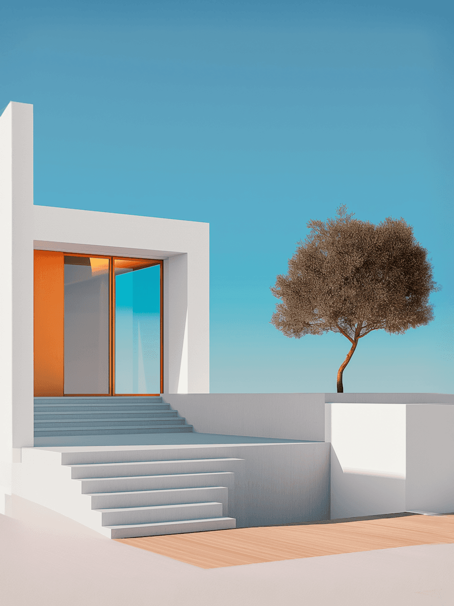 Minimalist Mediterranean-style exterior with white stucco walls, concrete steps leading to orange-framed doorway