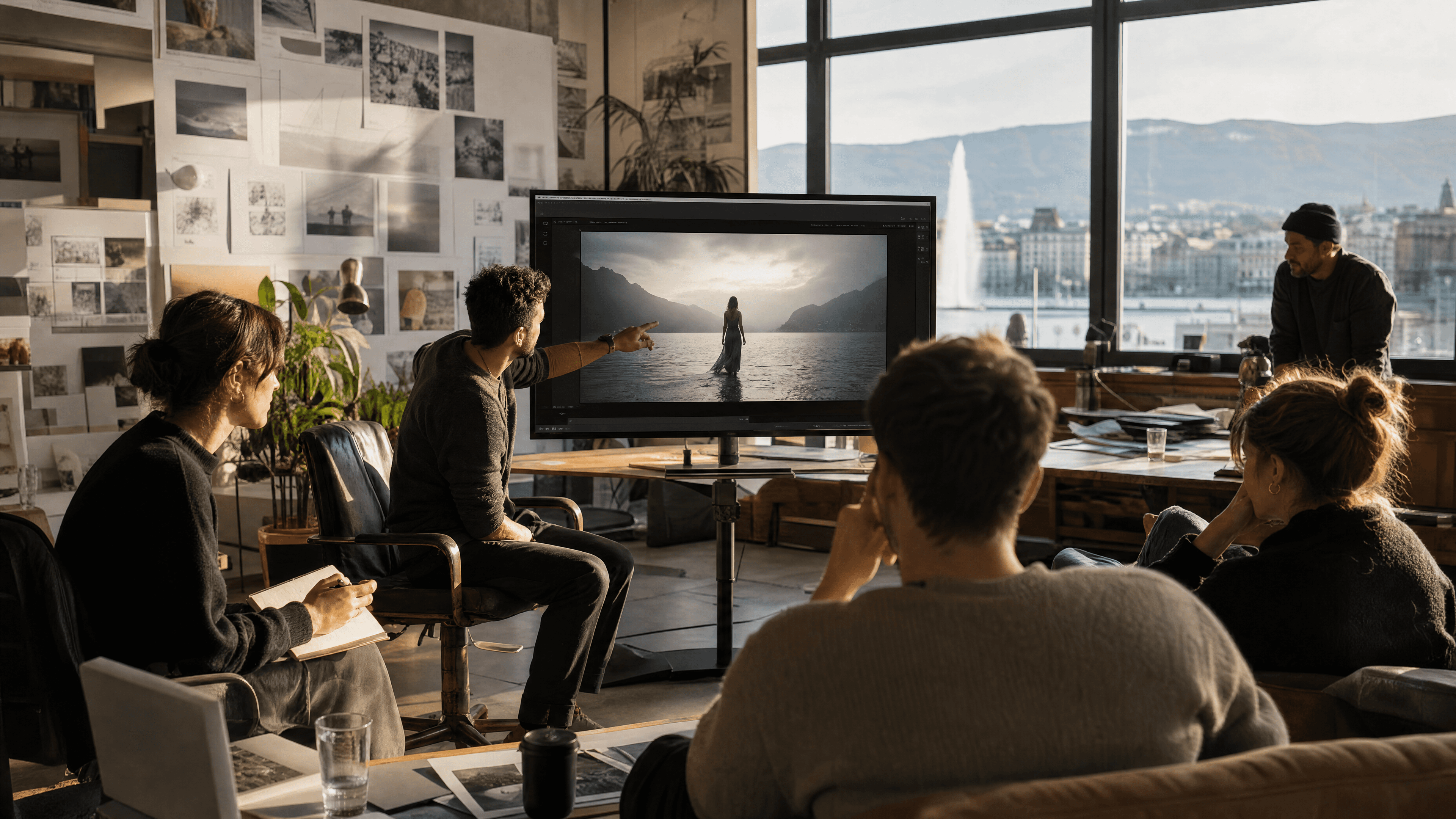 Creative team reviewing a cinematic campaign frame in a bright video production studio