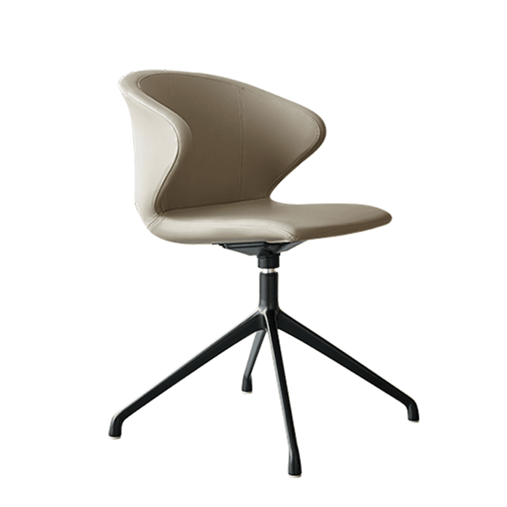 Modern taupe leather swivel desk chair with an ergonomic shell backrest and black four-star metal base isolated on a white background.