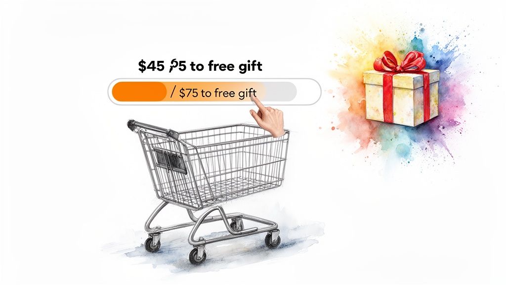 A shopping cart with a progress bar showing $45 of $75 spent to receive a free gift.