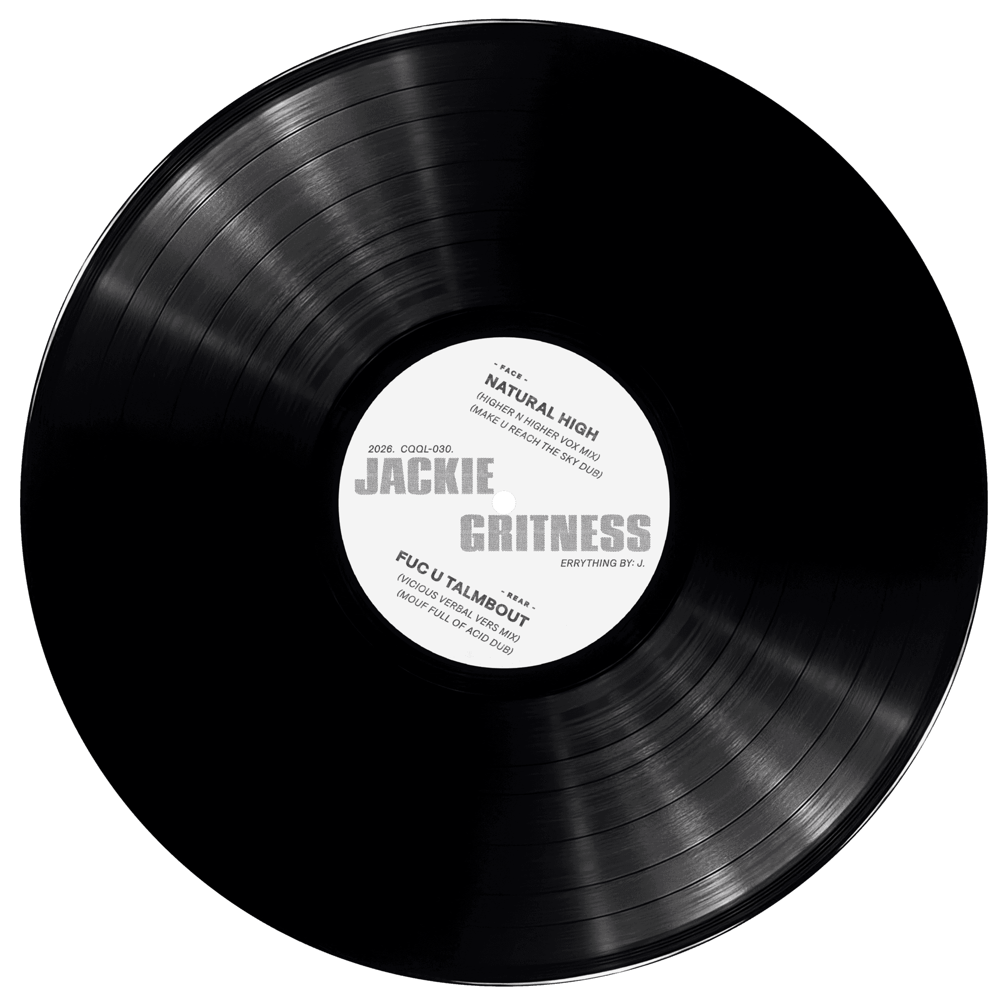Black vinyl record with a white label on a white background