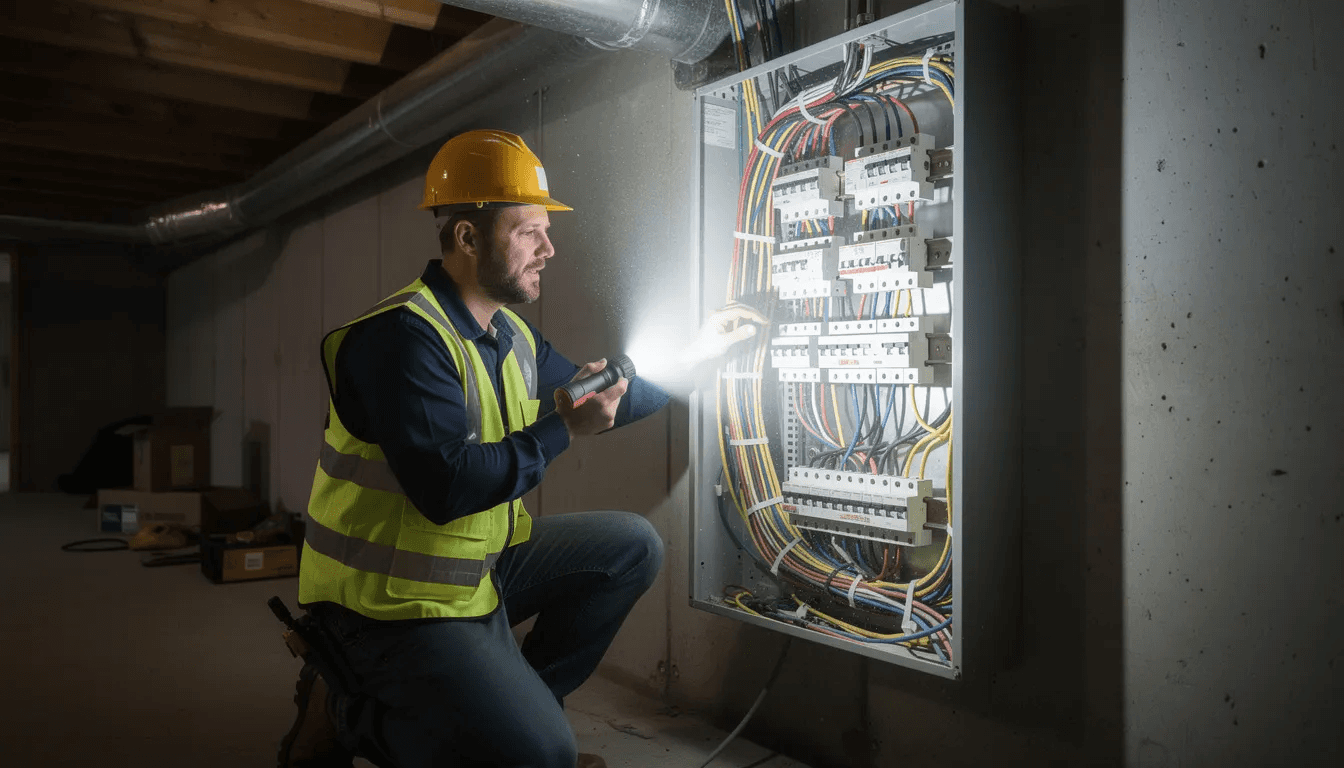 An electrician is carefully examining the home wiring in a basement using a flashlight, ensuring the electrical system is functioning properly and identifying any potential issues. This thorough electrical inspection focuses on the wiring and components to maintain safety and compliance with local building codes.