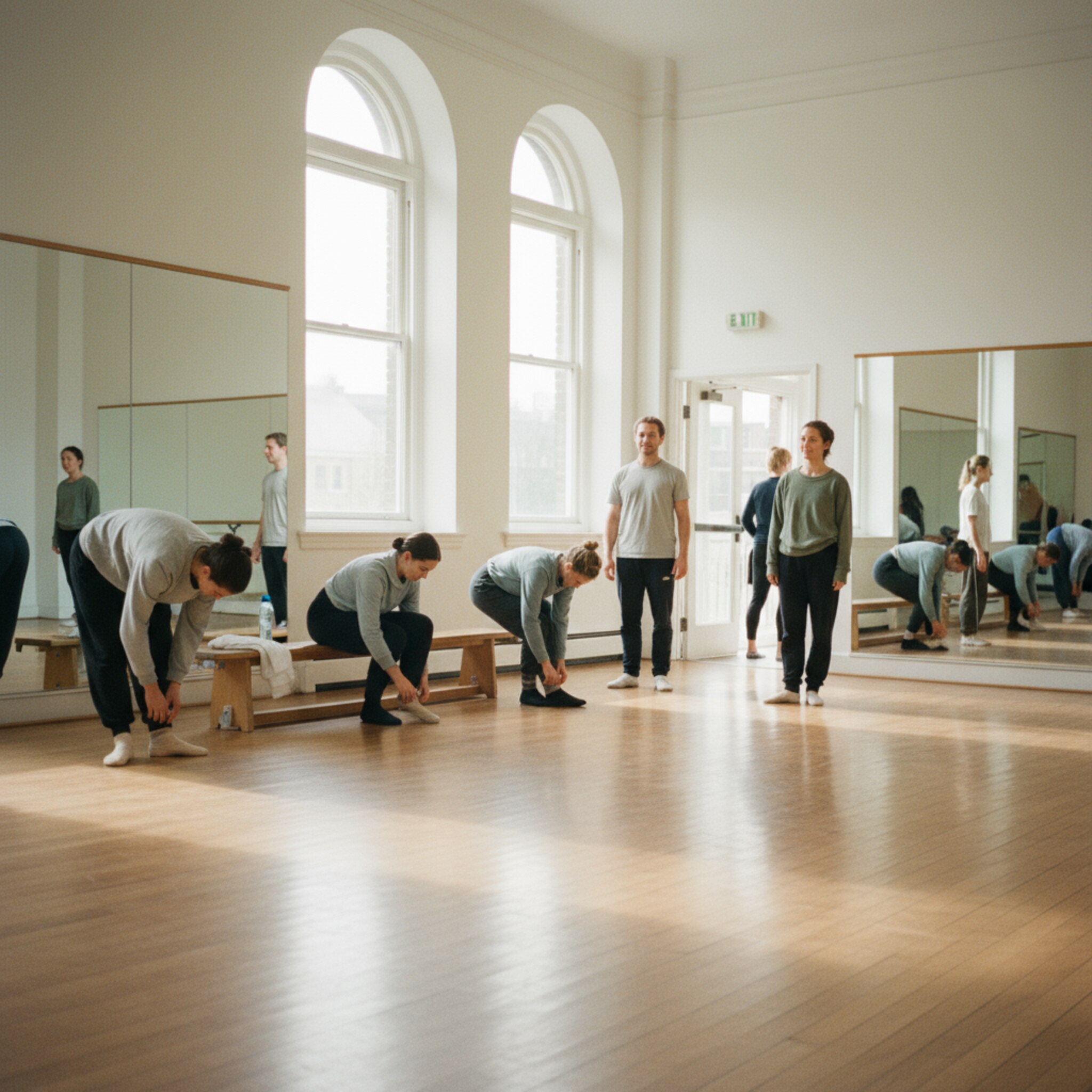 Vor Kursbeginn sitzen Tänzer auf einer Bank, binden ruhig ihre Schuhe, Sonnenlicht streift den Boden. Eine Trainerin begrüßt die Ankommenden mit einem knappen Nicken. Die Stimmung ist erwartungsvoll und geordnet, ein natürlicher Flow entsteht, während sich die Gruppe sammelt.