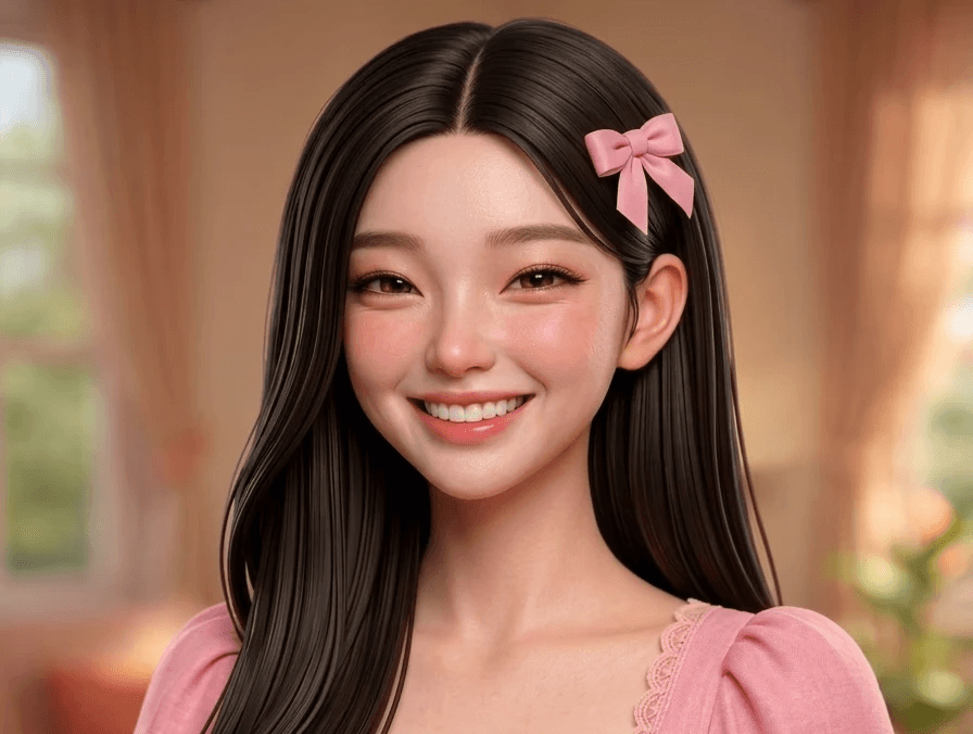 A close-up 3D digital portrait illustration of a cheerful female cartoon character named Hana. She has large, expressive brown eyes, pale skin, blush on her cheeks, and long dark brown hair styled with a pink bow hair clip. She is facing forward with a warm, friendly smile, wearing a simple pink top with white trim against a neutral background.