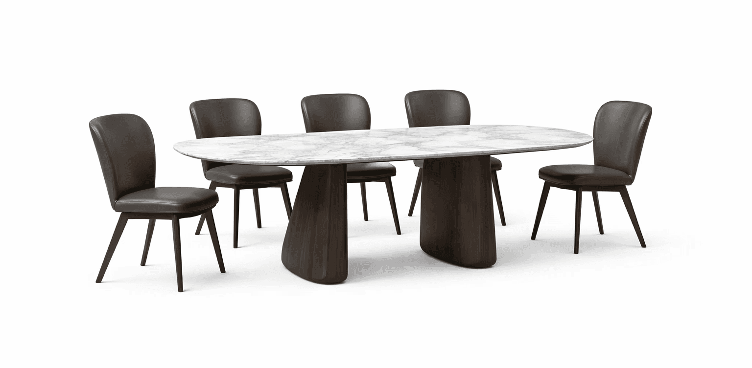 Stone‑top dining table with sculpted base, matched with sleek upholstered dining chairs