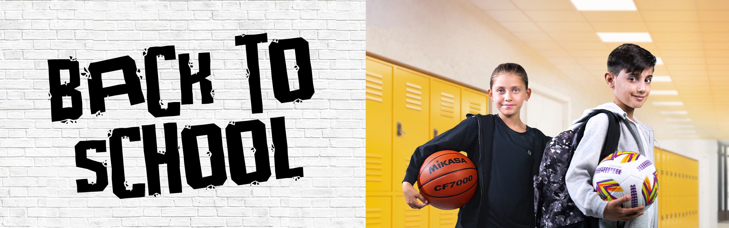 The 2024 "Back to School" key visual: graffiti-style title on a white brick wall, two students by lockers holding a basketball and football.