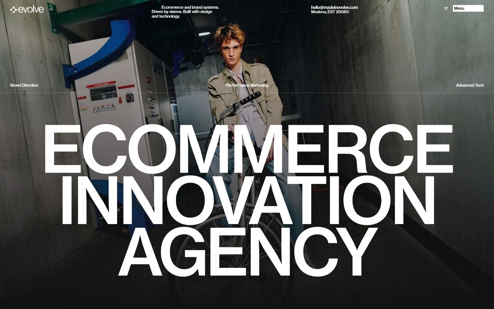 E-commerce Innovation Agency text overlaid on a photo of a person in a utility setting. Menu at top right.