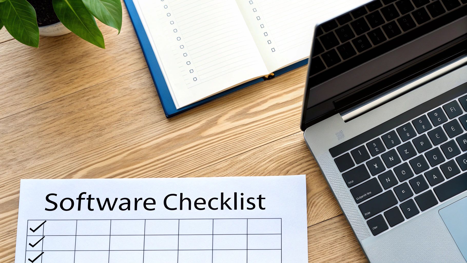 Overhead view of a wooden desk with a laptop, plant, open notebook, and software checklist.